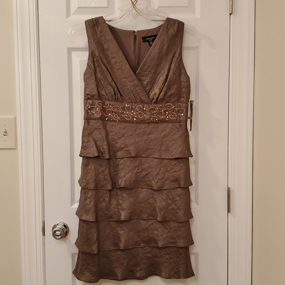 Mocha/gold sleeveless beaded formal party dress